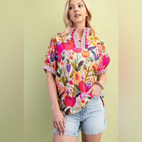 Multicolor embroidered floral dolce la vita western boho  stripe sleeve top - Picture 1 of 6